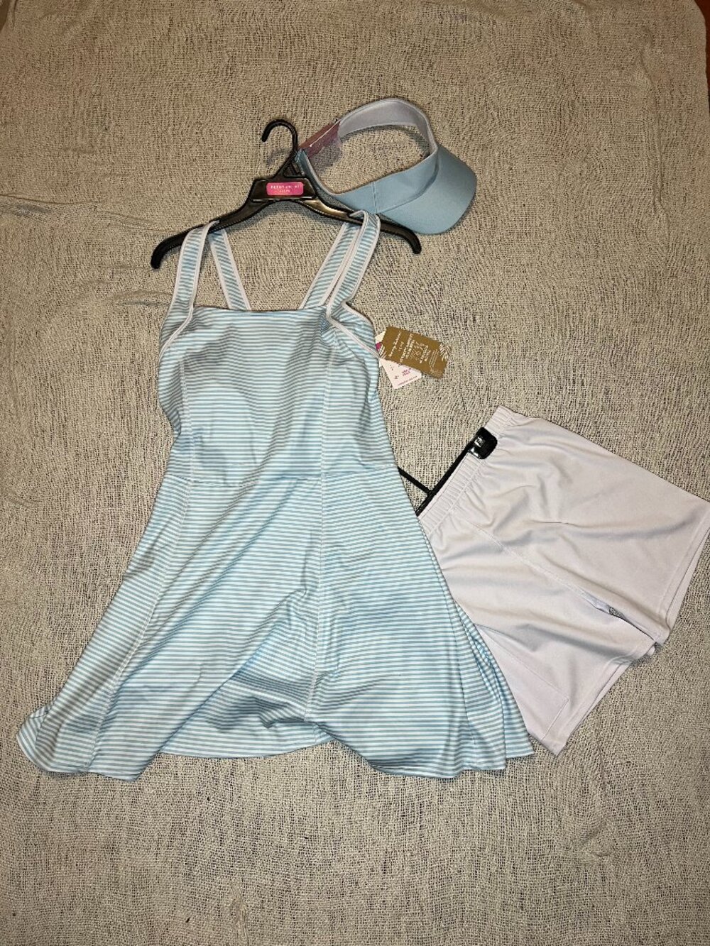 NWT Tommy Bahama Active 3-Pc Golf Tennis Dress Set M Striped, Shorts, Visor